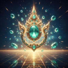 Golden Thai motif emblem with central emerald, surrounded by floating gems above reflective grid and stars