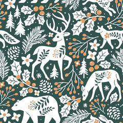 Seamless vector pattern with woodland animals, tree, berry and leaves. Hand drawn illustration of wildlife and nature. Perfect for textile, wallpaper or print design.