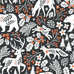 Seamless vector pattern with woodland animals, tree, berry and leaves. Hand drawn illustration of wildlife and nature. Perfect for textile, wallpaper or print design.