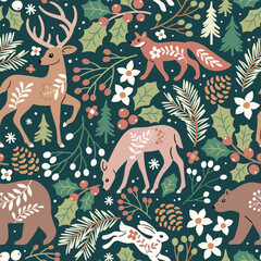 Seamless vector pattern with woodland animals, tree, berry and leaves. Hand drawn illustration of wildlife and nature. Perfect for textile, wallpaper or print design.