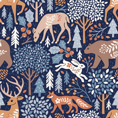 Seamless vector pattern with woodland animals, tree, berry and leaves. Hand drawn illustration of wildlife and nature. Perfect for textile, wallpaper or print design.