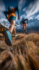 Runner in sports shoes running outdoors on rocky mountain trail. AI generated