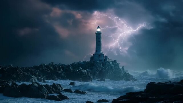 Dramatic lighthouse stands firm during fierce storm at night