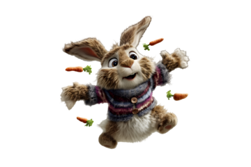 Playful illustration of a joyful rabbit in a colorful striped sweater, surrounded by floating carrots. Whimsical, imaginative animal character art with expressive design and charm.