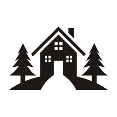 Black silhouette of a house with trees on a white background home building
