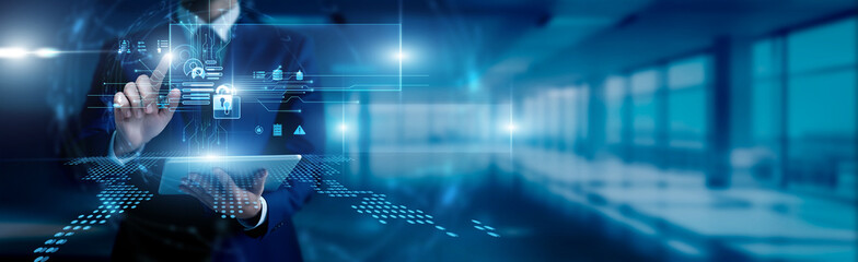 Data privacy concept regulator touch of smart data privacy circuit board and secured data on screen...