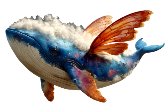 Surreal illustration of a vibrant blue whale with orange butterfly wings and clouds on its back, soaring through the sky with birds. Whimsical, dreamlike fantasy animal artwork.