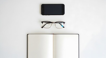 Top view of open notebook, glasses and smartphone isolated on white background