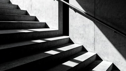 Dynamic play of light and shadow on brutalist concrete stairs.