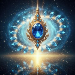 A sacred golden Thai emblem with a blue sapphire floats above a futuristic glowing grid in a cosmic space