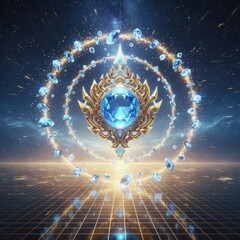 A sacred golden Thai emblem with a blue sapphire floats above a futuristic glowing grid in a cosmic space