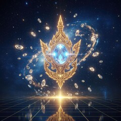 A sacred golden Thai emblem with a blue sapphire floats above a futuristic glowing grid in a cosmic space