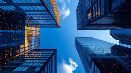 A financial district view looking up at modern skyscrapers in downtown Toronto, Ontario, Canada.