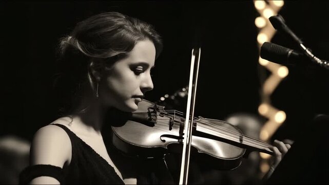 Young musician performs violin solo at evening concert