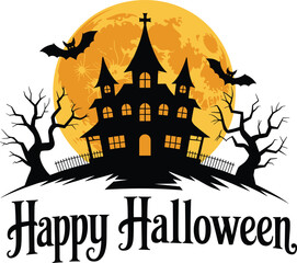 Haunted house Halloween scene, spooky vector illustration, full moon background, bats and trees, creepy atmosphere, cad drawing flat vector illustration