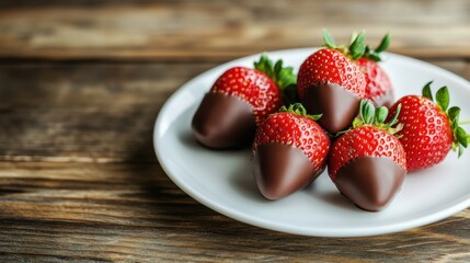 Chocolate-covered strawberries arranged on white plate, natural daylight, clean kitchen background.