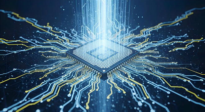 Futuristic Microchip Processing Data with Blue Light Trails