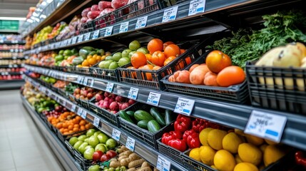 Grocery shop interior with colorful fruits and vegetables neatly arranged on wooden shelves, soft daylight, supermarket background.