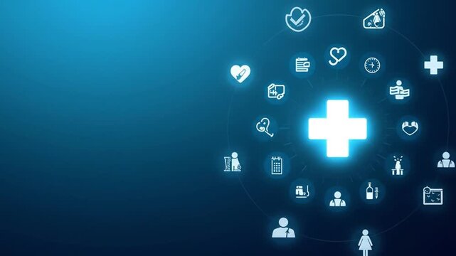 Digital healthcare icons surrounding a glowing medical cross on a blue background, symbolizing health services