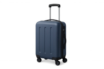 Blue hard shell rolling luggage with an extendable handle and wheels, ready for air travel. Object on transparent background