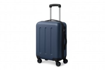 Blue hard shell rolling luggage with an extendable handle and wheels, ready for air travel. Object on transparent background