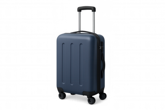 Blue hard shell rolling luggage with an extendable handle and wheels, ready for air travel. Object on transparent background