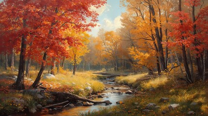 Autumn Forest with Colorful Trees and Stream