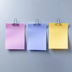 Three colored notes clipped on a light grey wall