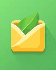 Yellow envelope with green leaf, flat vector design