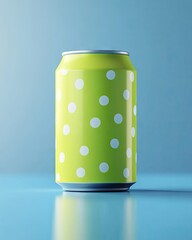 Polka-dot green can sits against light blue backdrop