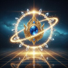 A sacred golden Thai emblem with a blue sapphire floats above a futuristic glowing grid in a cosmic space