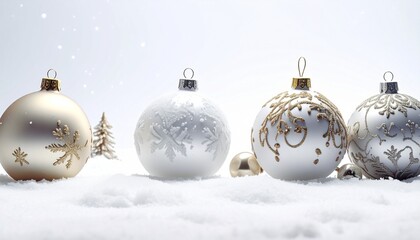 Christmas white background with snow and ornaments