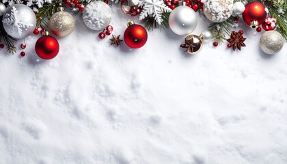 Christmas white background with snow and ornaments