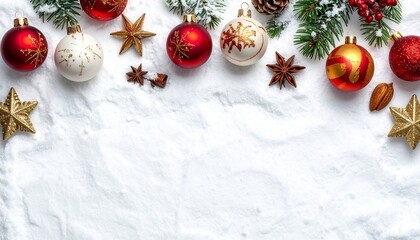 Christmas white background with snow and ornaments