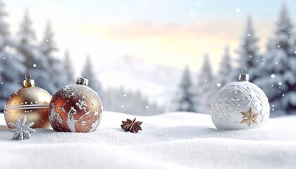 Christmas white background with snow and ornaments