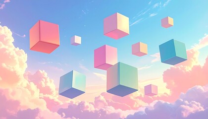 Pastel cubes float in a soft sky