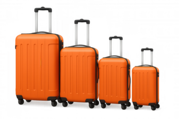 Orange luggage set with hardside rolling suitcases standing in a row, concept of travel and vacation on transparent background