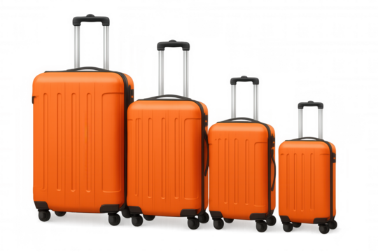 Orange luggage set with hardside rolling suitcases standing in a row, concept of travel and vacation on transparent background