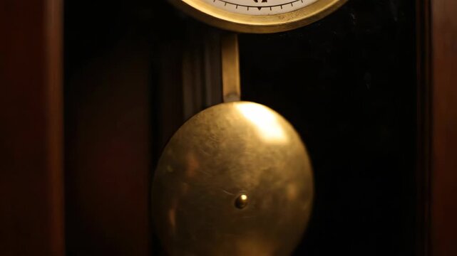 Close-Up of a Golden Brass Clock Pendulum Swinging in an Antique Grandfather Clock