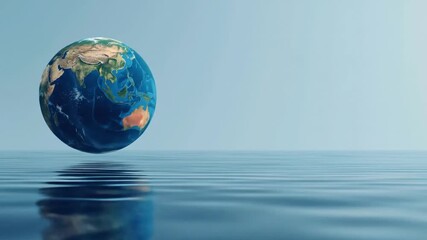 A serene view of Earth floating above calm ocean waters, symbolizing global unity and peace - Powered by Adobe