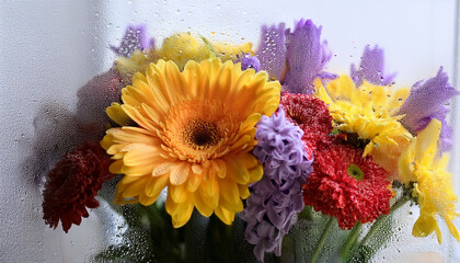 Bright Beautiful Bouquet Of Yellow Purple And Red Flowers Arrangement Behind A White Matte Glass Blurry With Water Drops Soft Focus Dof Depth Of Field