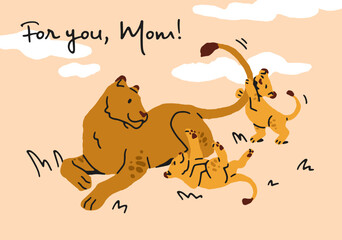 Mother's Day postcard design with animals. Template of greeting card with cute lion family and congratulations. Festive layout with mom lioness playing with her babies. Flat vector illustration.