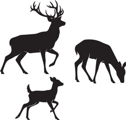 Create Deer set vector art with silhouette with white background.