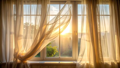 Sunlight streams through a window, illuminating delicate, fluttering curtains and a distant, verdant landscape at sunrise. The scene evokes peace