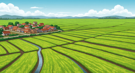 Naklejka premium Lush green rice paddies surround a quaint village under a blue sky.