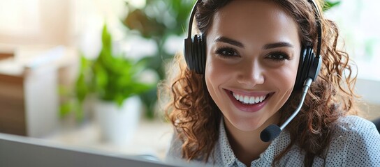 Smiling woman with headset working in customer support call center office, ideal for IT service, helpline advertising, corporate presentations, and digital marketing campaigns