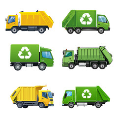 Collection of different types of garbage trucks and recycling transport vehicles in yellow and green isolated