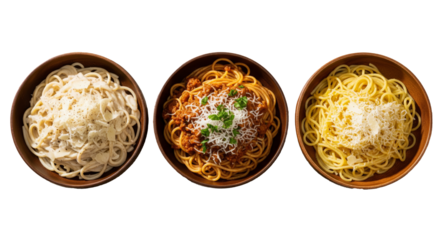 Three delicious bowls of pasta offering a tasty culinary experience with carbonara, bolognese, and cheesy flavors, perfect for food bloggers and restaurant menus craving authentic Italian cuisine