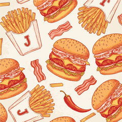 Delicious Burger and Fries Pattern with Bacon and Chili Pepper.