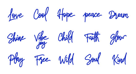 Illustration of hand drawn collection of blue positive words isolated on transparent background